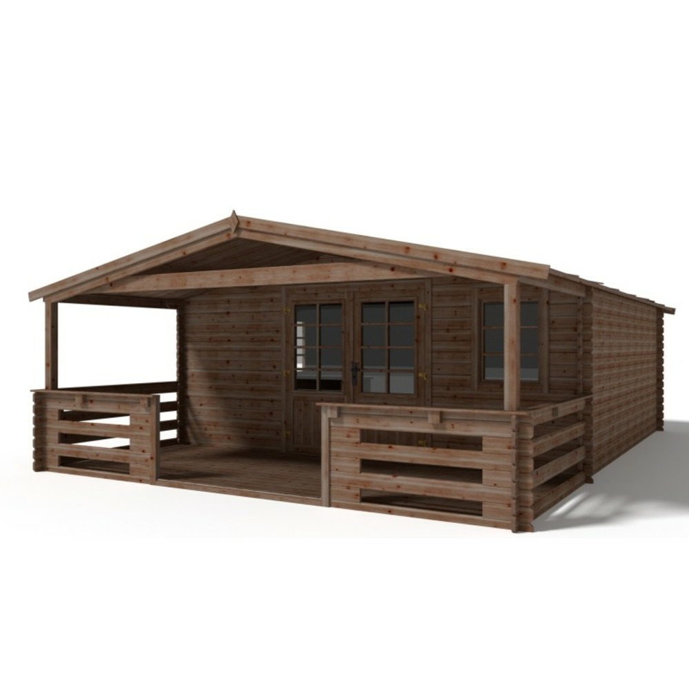 Abri de jardin en bois - 5x5 m - 35 m2 + terrasse avec balustrade et avant-toit en bois - traité