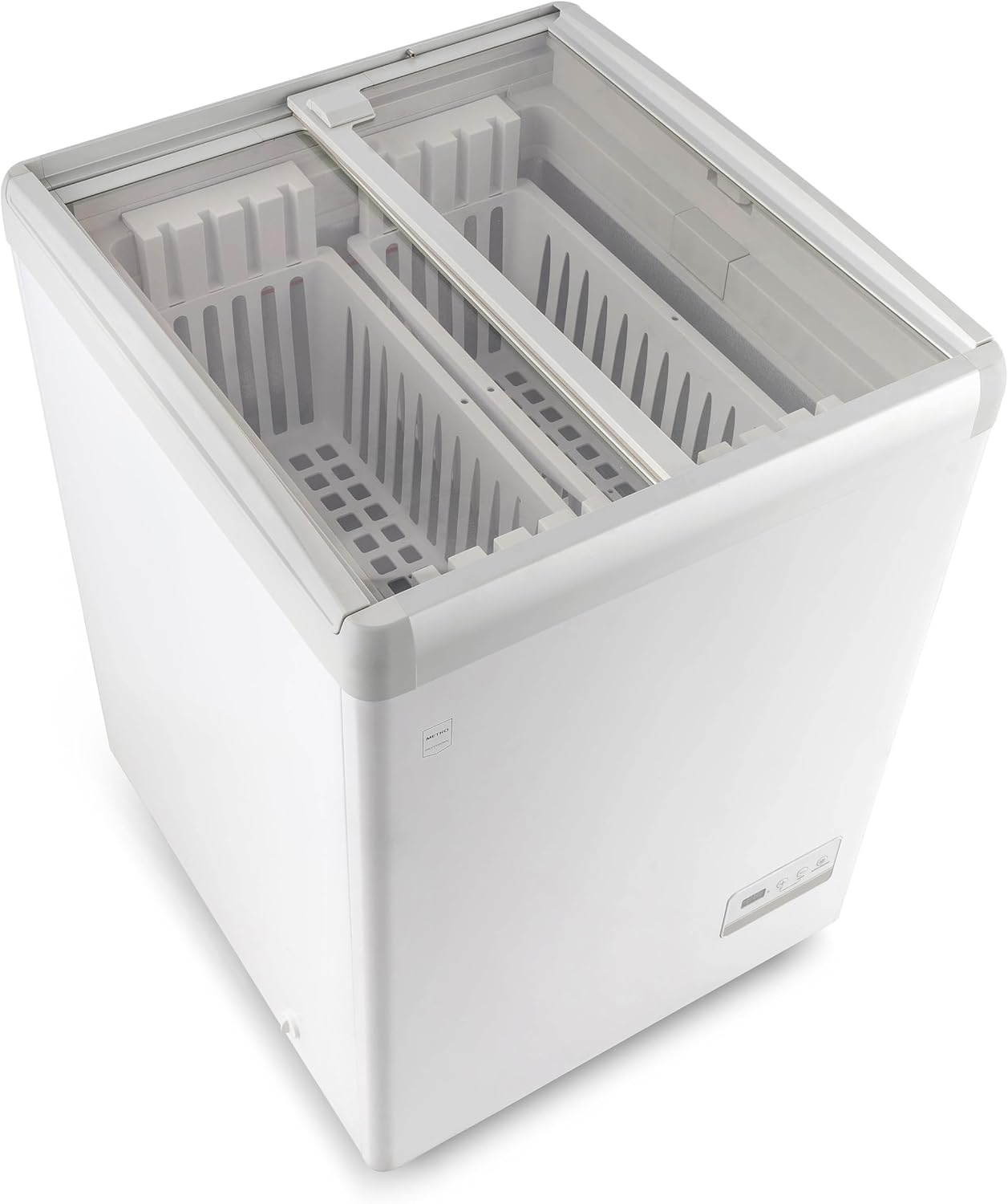 METRO Professional Tiefkühlvitrine GICC1108, 120 L, Tiefkühltruhe mit Glasschiebetür, 2 Ablagekörbe, Türschloss, Temperaturalarm, Rollen, Weiß