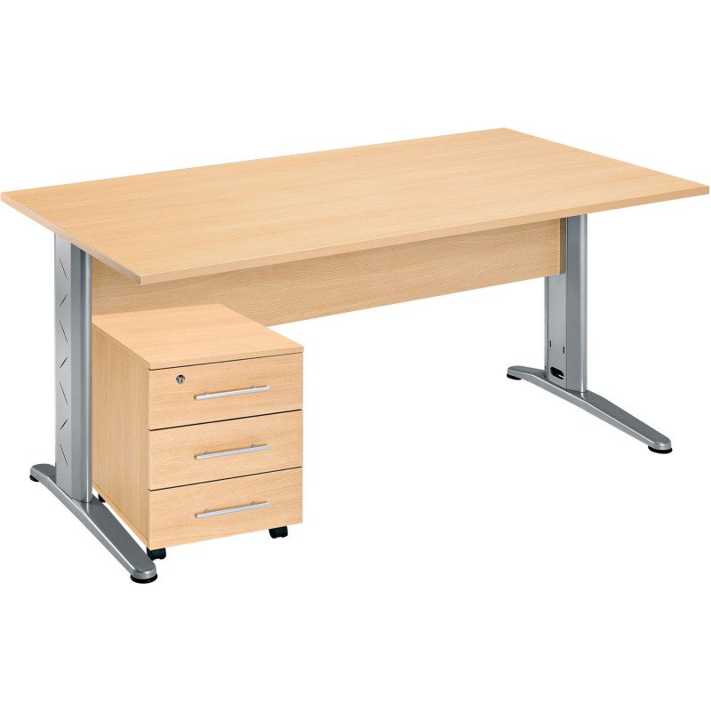 Pack bureau droit hêtre pied L métal + caisson mobile 3 tiroirs Altys