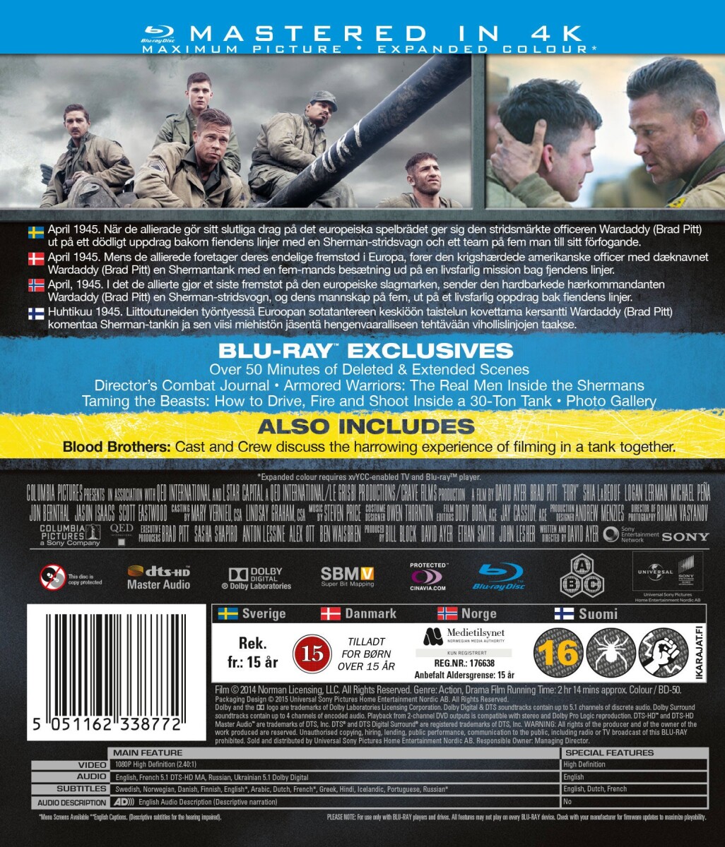 Fury - Brad Pitt - 2014 - Blu-Ray