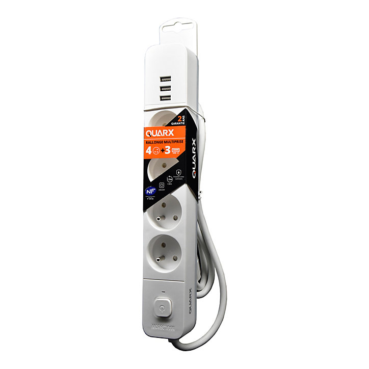 Multiprise 4 prises 2 pôles + terre + 3 USB gris 1.5 m