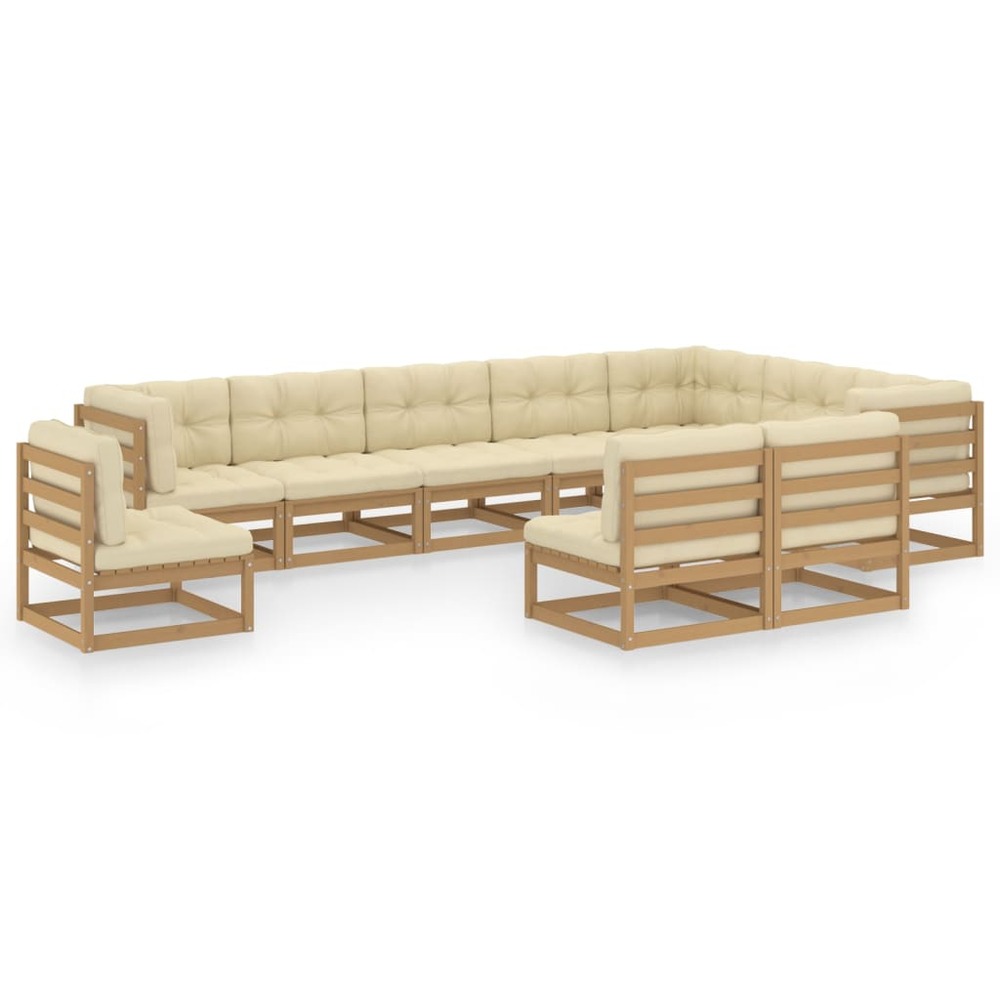 Salon de jardin meuble d'extérieur ensemble de mobilier 10 pièces avec coussins marron miel bois de pin