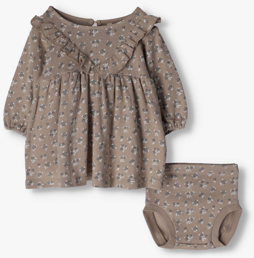 QUINCY MAE taupe quincy mae mini jurk long sleeve ruffle v dress
