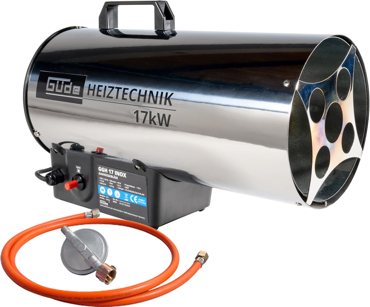 Güde 85006 Gasheizgebläse GGH 17 INOX (17kW, Edelstahlbrenner, Edelstahlgehäuse, Schlauch 1,5 m, Druckminderer)