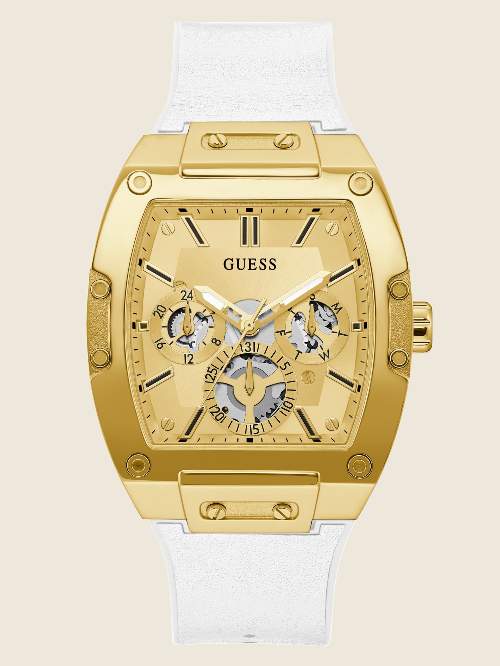 Relógio multifuncional retangular dourado e branco