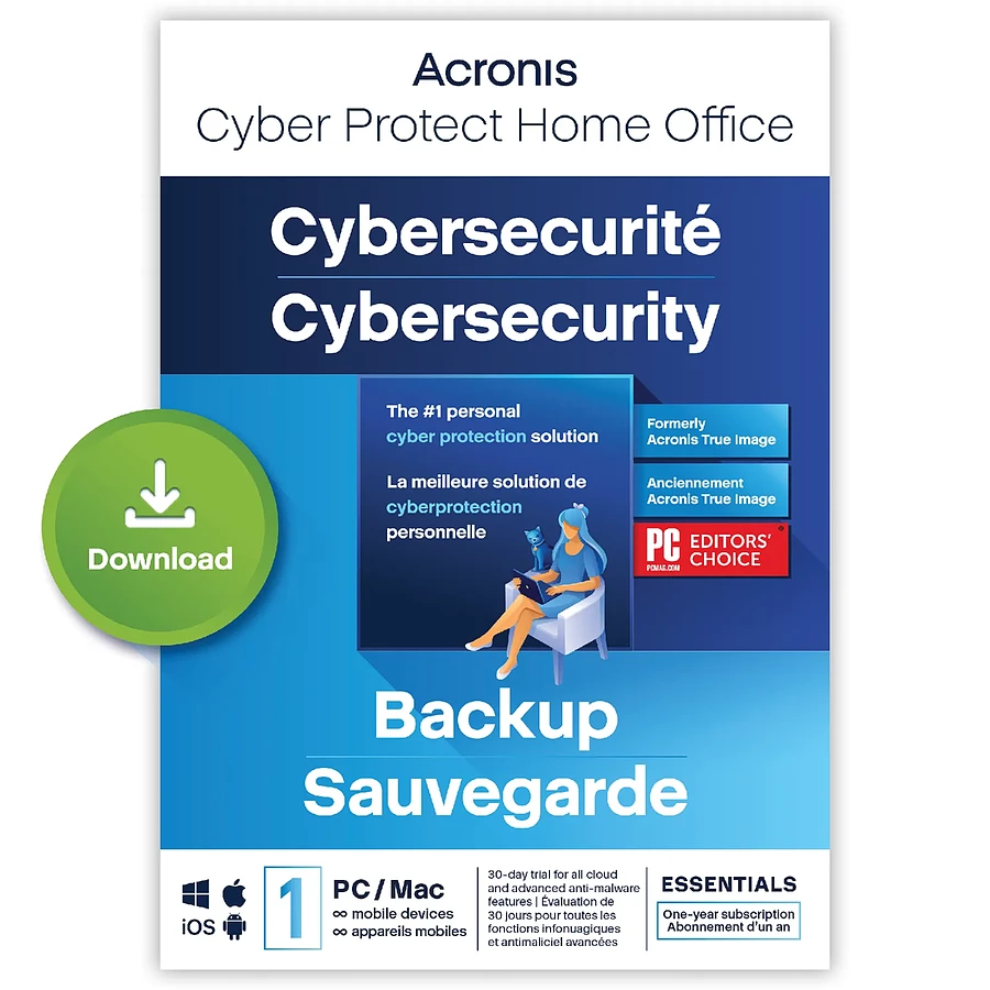 Acronis Cyber Protect Home Office Essentials 2023 - Licence 1 an - 1 PC/Mac + nombre illimité de terminaux mobiles - A télécharger