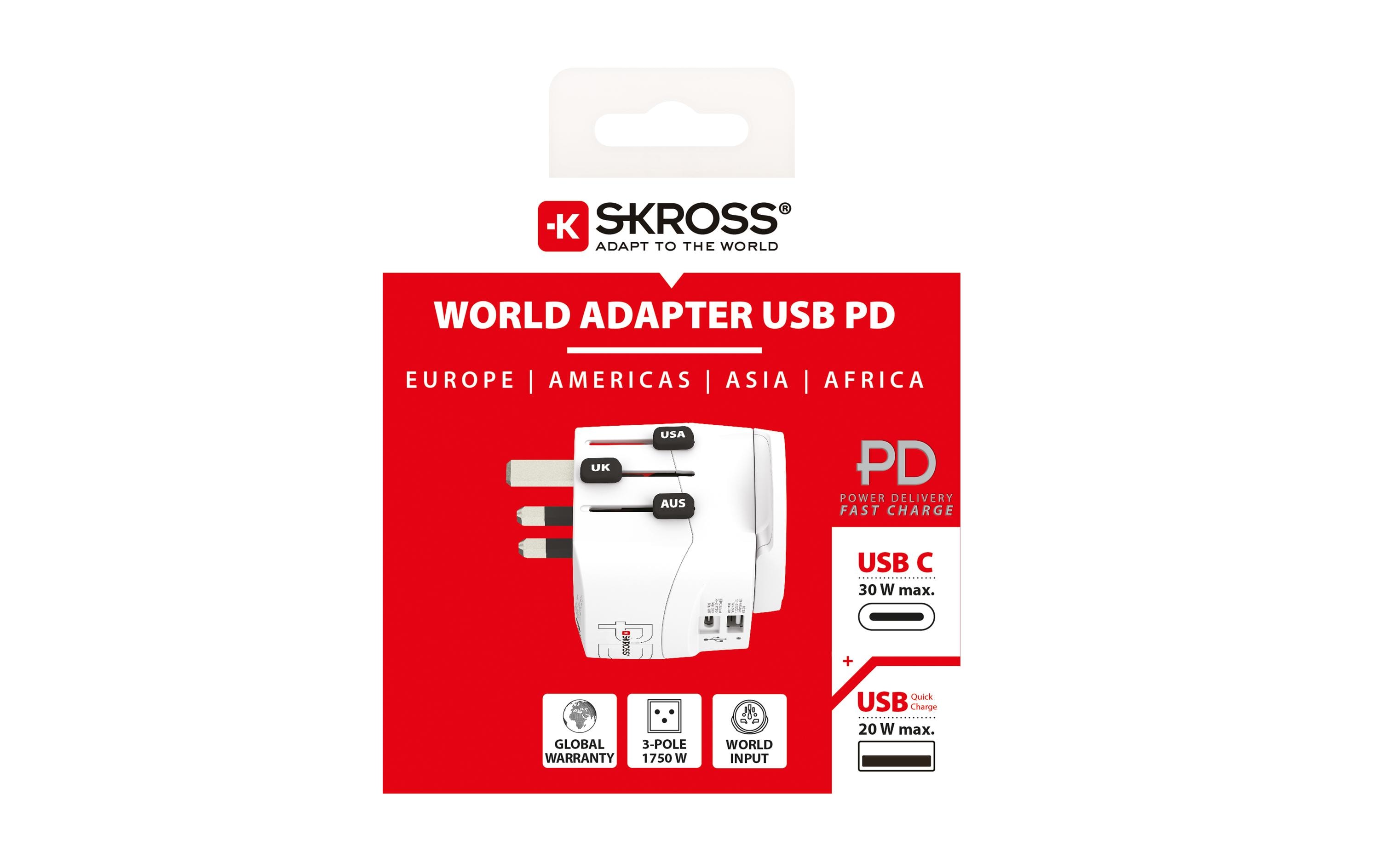 Reiseadapter Pro Light, 1 x USB-A und C AC30PD3-polige Weltreiseadapter mit integriertem PD-USB-Ladegerät
