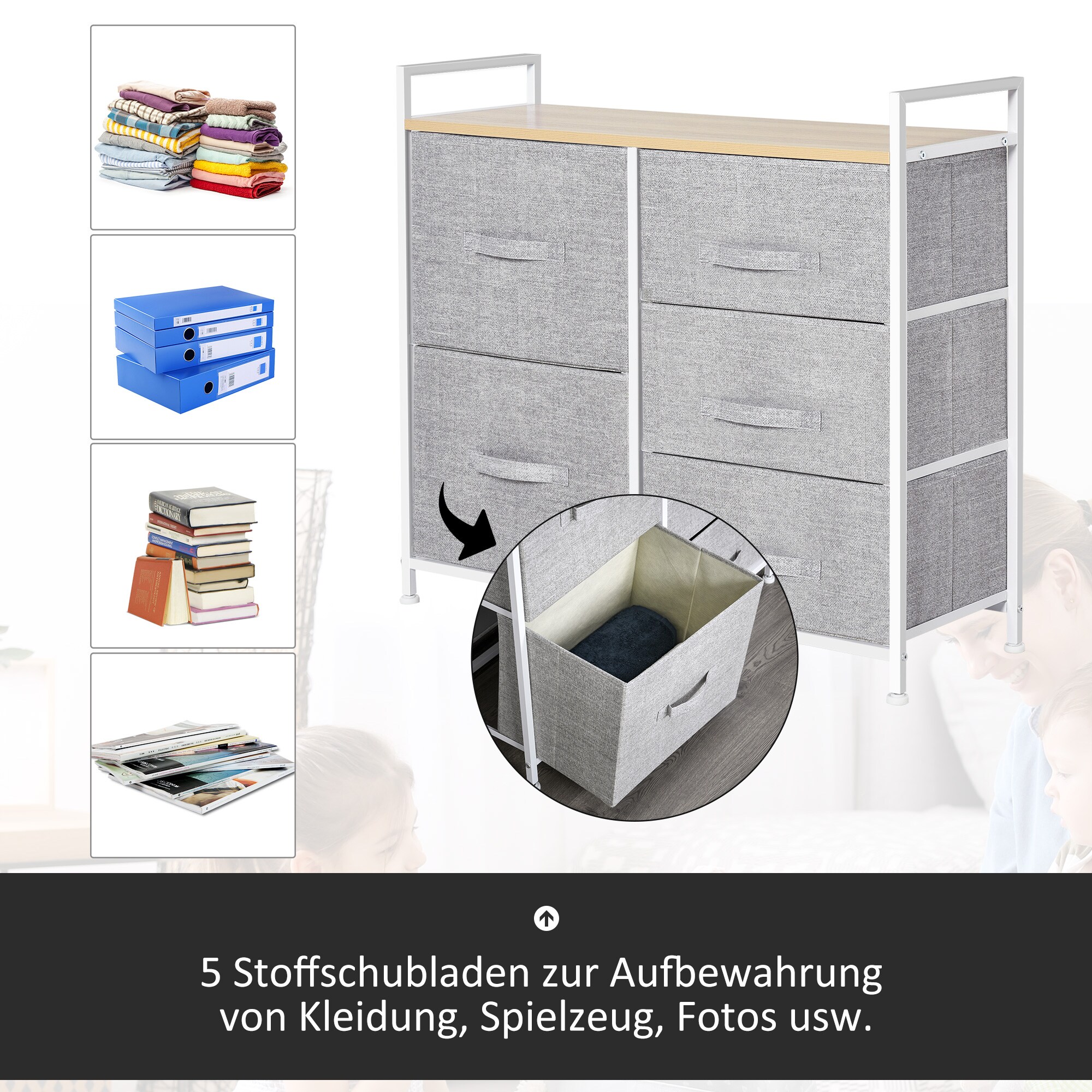 HOMCOM Stoffkommode mit 5 Stoffschubladen grau 83 x 29 x 77 cm (BxTxH)