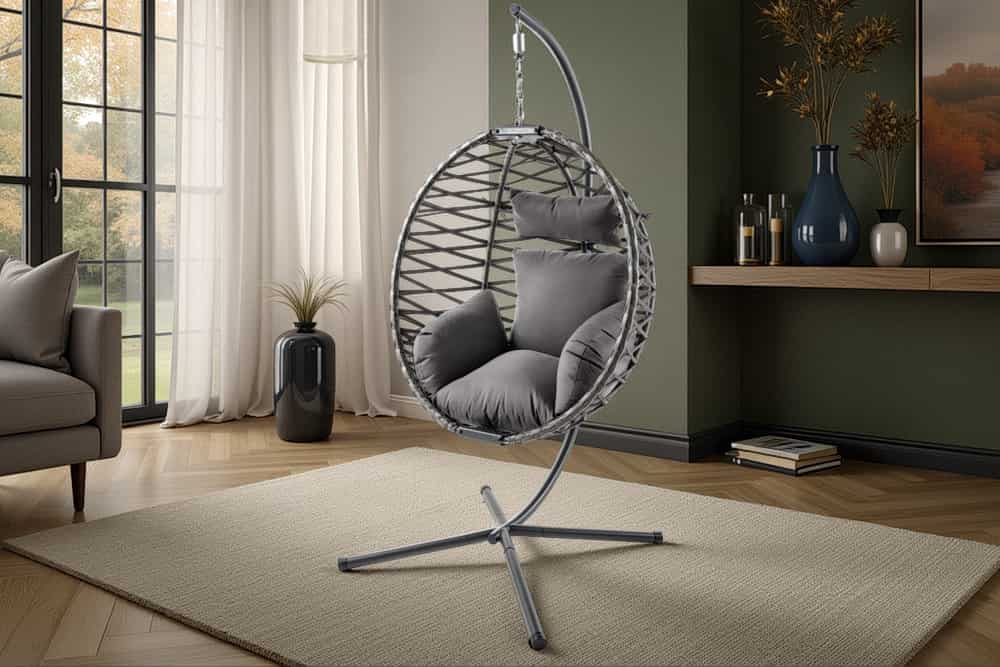 In- und Outdoor Hängesessel IBIZA anthrazit Rattan mit Gestell wetterfest inkl. Kissen