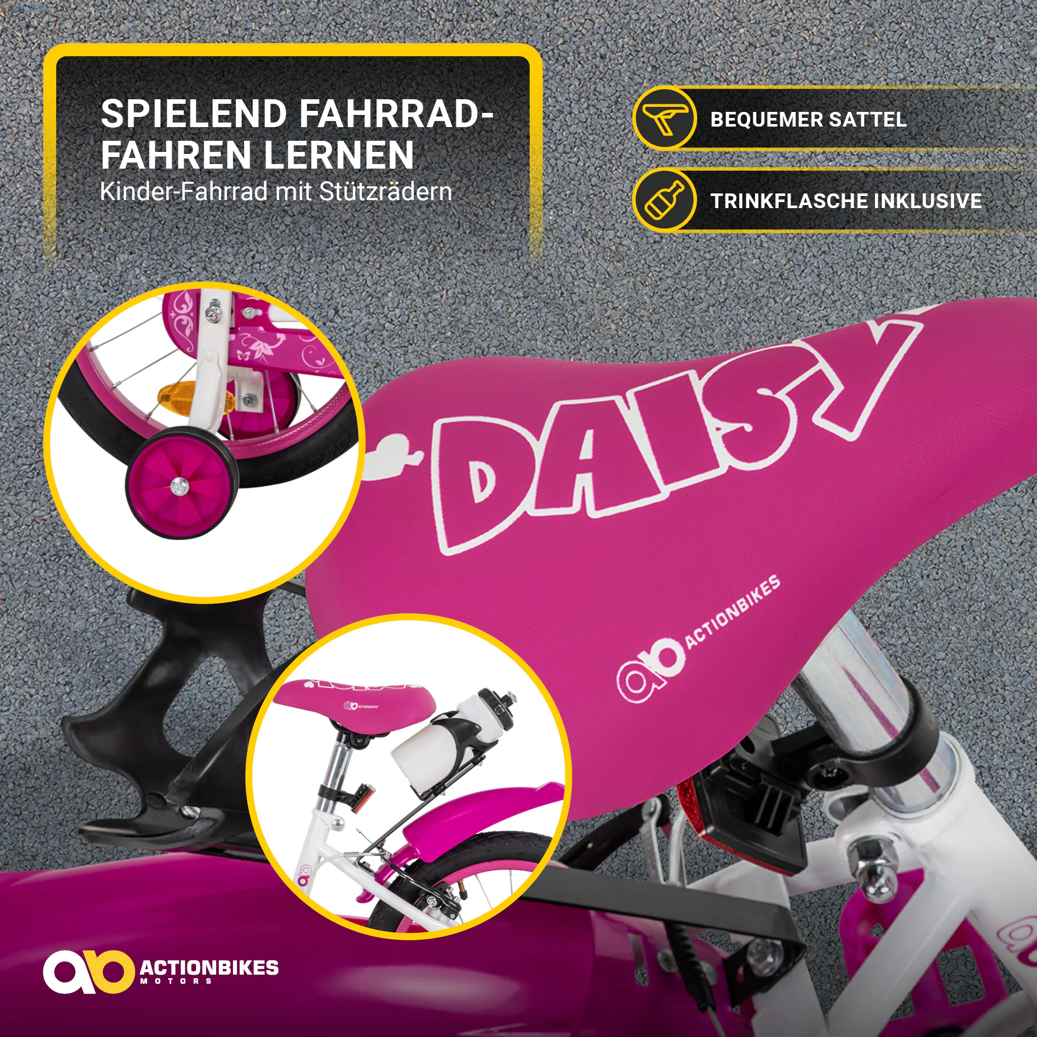 Actionbikes Kinderfahrrad Daisy 16 Zoll, pink, Stützräder, Korb, V-Brake-Bremsen, Antirutschgriffe (East)