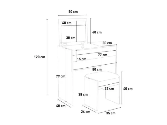 Coiffeuse table de maquillage grise avec miroir et tabouret CLARI
