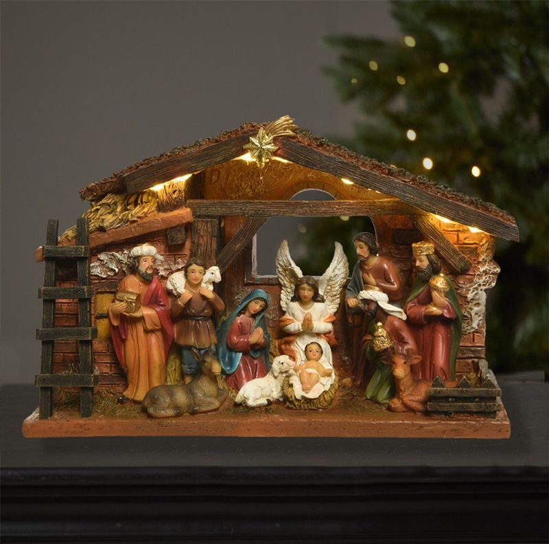 Decoris Complete verlichte kerststal - met beelden - L24 x B7,7 x H15 cm