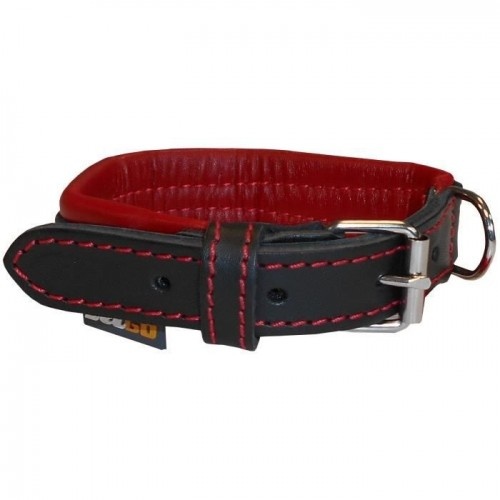 Coleira Yago em couro preto e vermelho, macia e ajustável, para cães de pequeno porte.