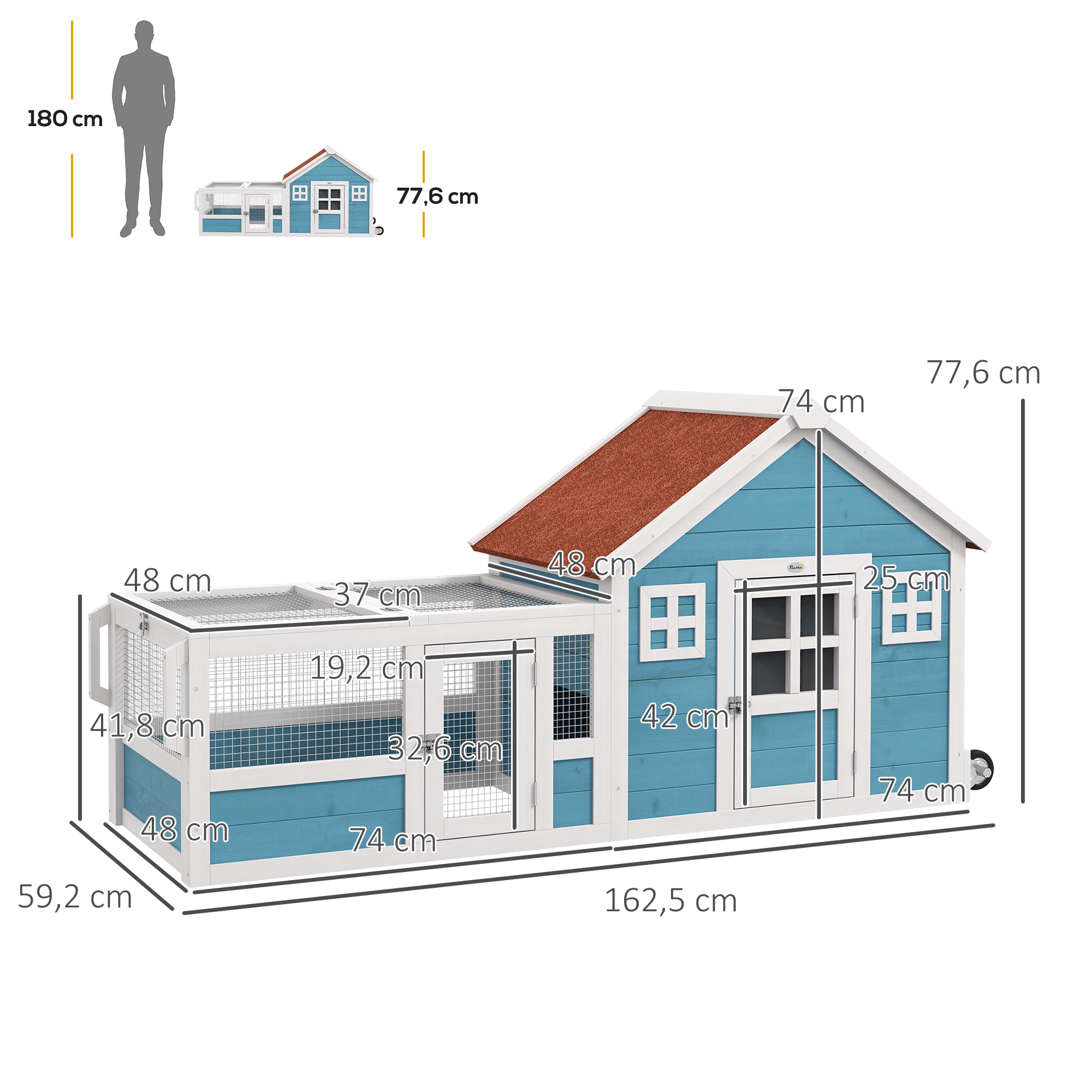 Gaiola de madeira para coelho PawHut, para uso externo, 162,5 x 59,2 x 77,6 cm, grande, com 2 janelas decorativas, 2 rodas, 1 porta, 1 rampa e telhado de asfalto, azul.