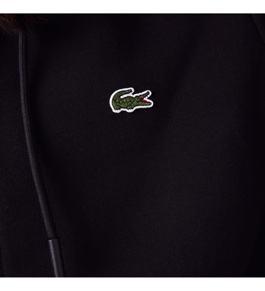 Moletom Lacoste preto com bolso canguru e forro de lã.