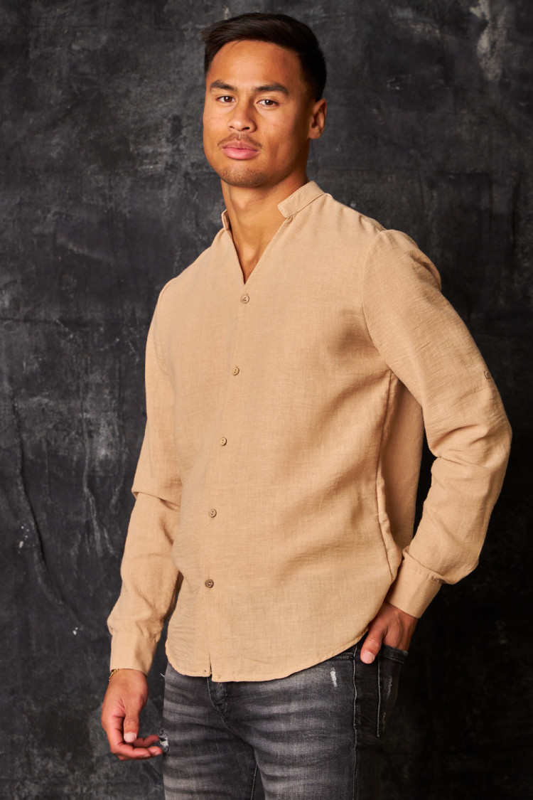 Chemise fluide col V mao texture lin beige foncé