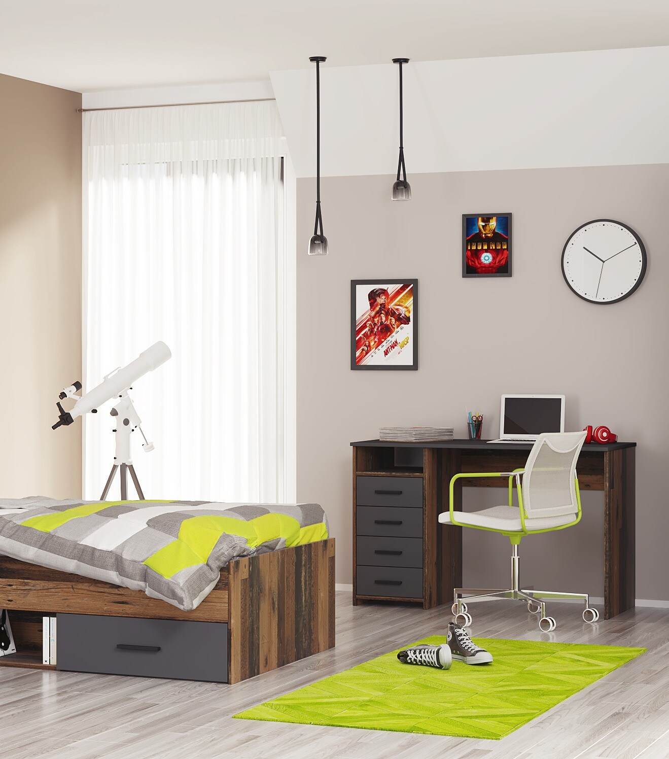AI-SEN nonjoo-Teen Schreibtisch mit Arbeitsplatte 110 x 50 cm, 4 Schubladen und 1 offenes Fach