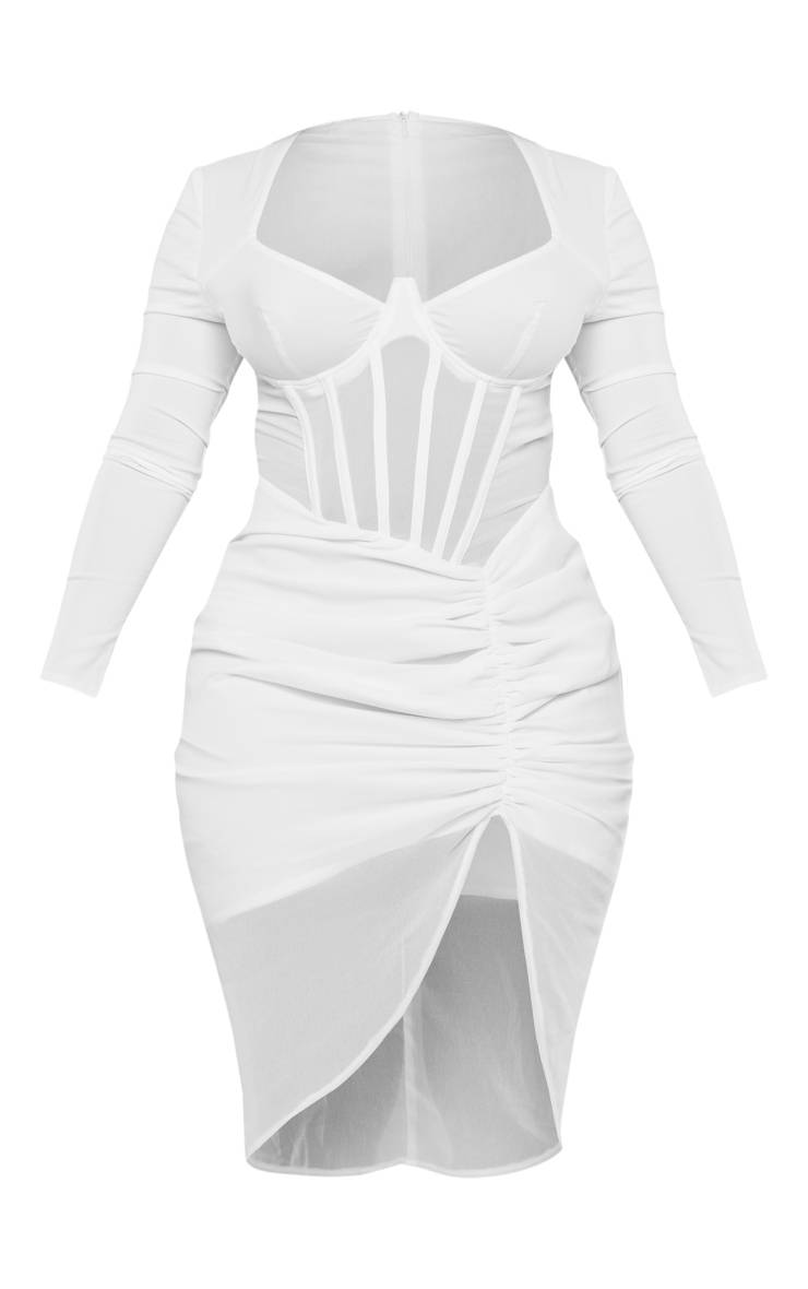 Crème Robe Midi Moulante En Velours À Détail Corset Et Manches Longues Avec Fronces Shape
