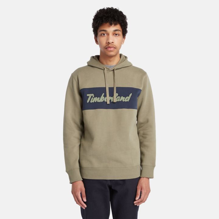 Moletom com capuz e estampa cursiva para homens na cor verde.