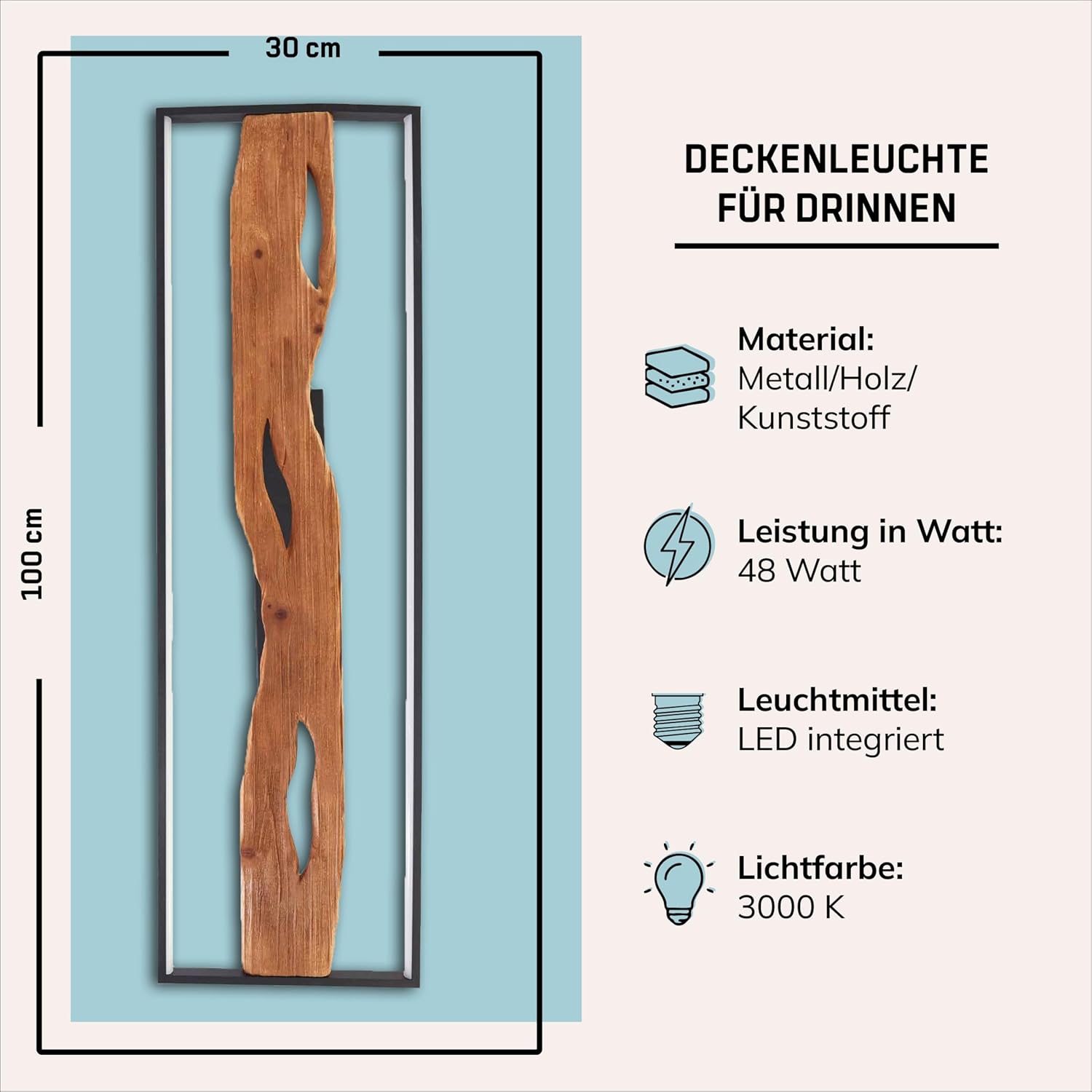 Lightbox LED Deckenlampe im Landhaus Stil | dimmbare Deckenleuchte für Wohnzimmer oder Schlafzimmer in warm-weiß mit 3000 K, 6600 Lumen | aus Aluminium/Metall/Holz in Schwarz/Braun
