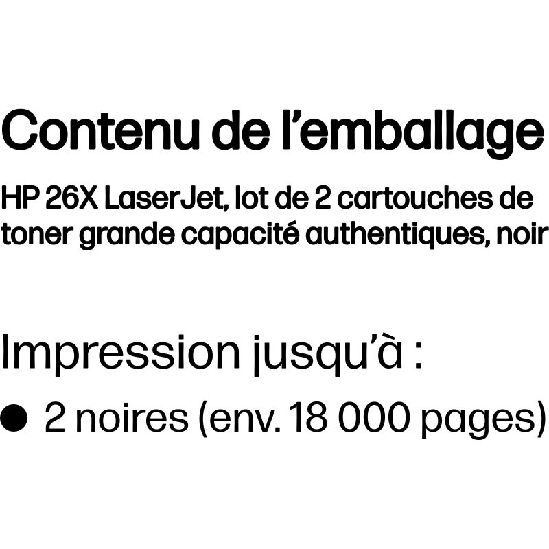 HP 26X LaserJet, lot de 2 cartouches de toner grande capacité authentiques, noir