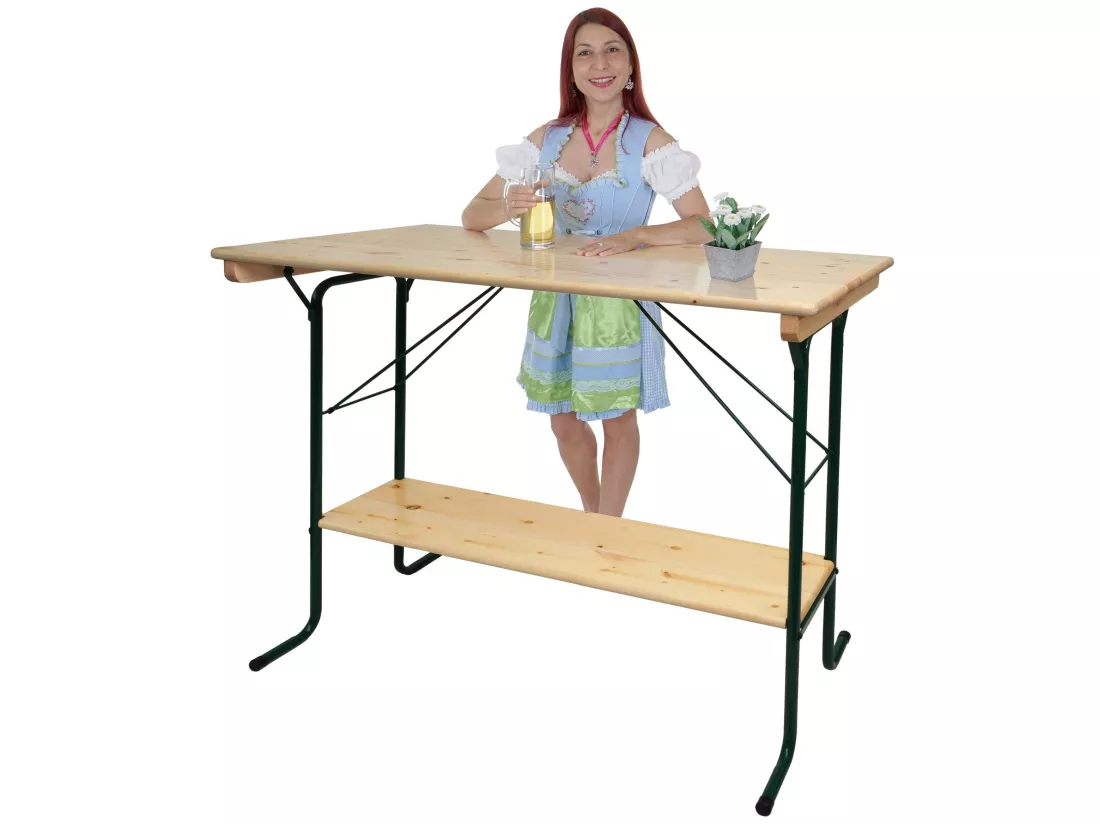Table haute HWC-L67 - table de brasserie table de tente de bière table de camping - pliable métal pin bois huilé 110x125x70cm
