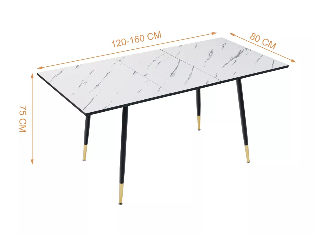 URBAN MEUBLE Table de salle à manger rectangulaire extensible blanche effet marbre de style scandinave pieds noir 120-160cm