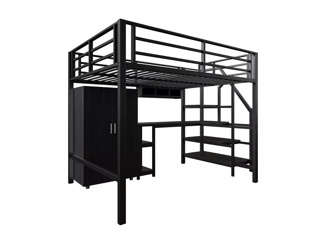 Lit mezzanine 140 x 200 cm avec bureau, armoire et étagères - Métal + MDF - Noir (sans matelas)