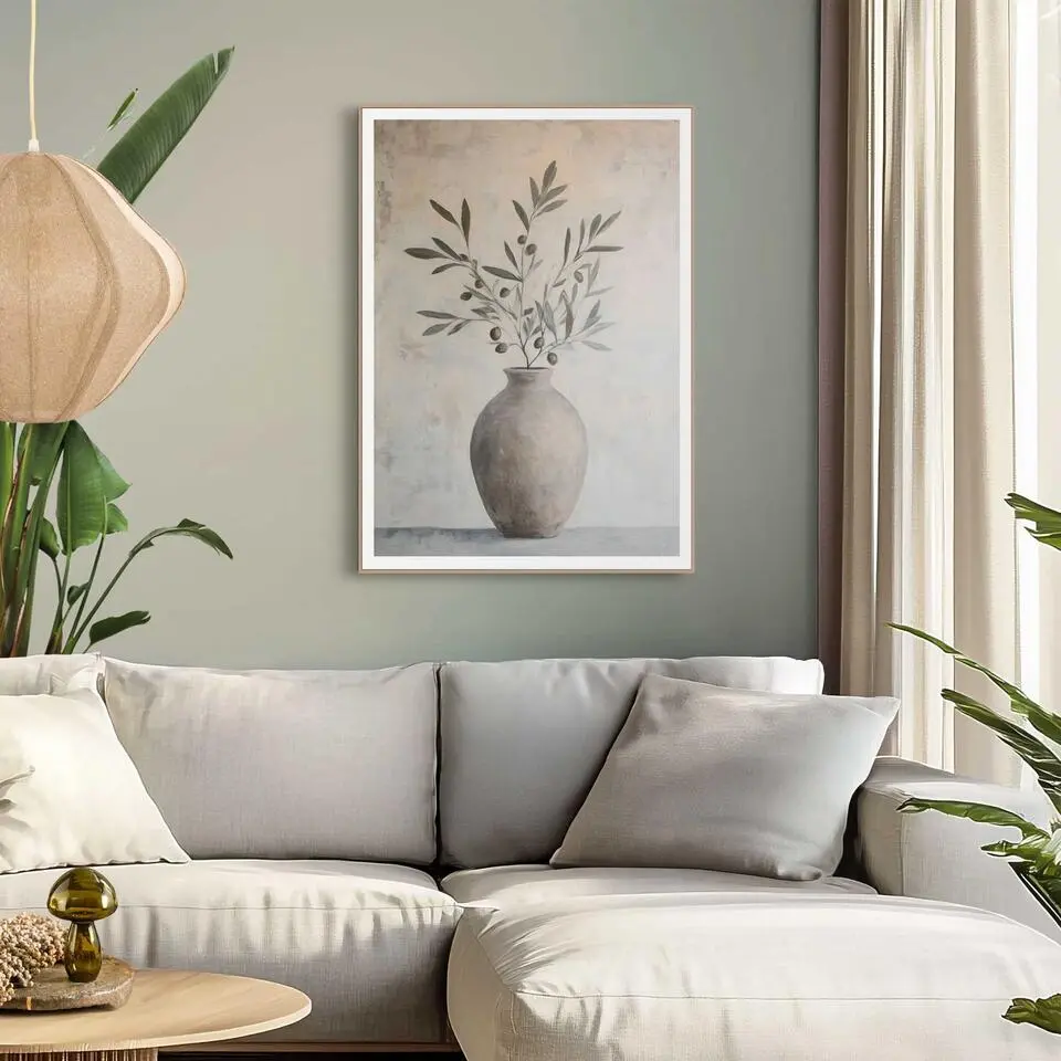 Schilderij Olijven op Vaas - 70x50cm - Groen