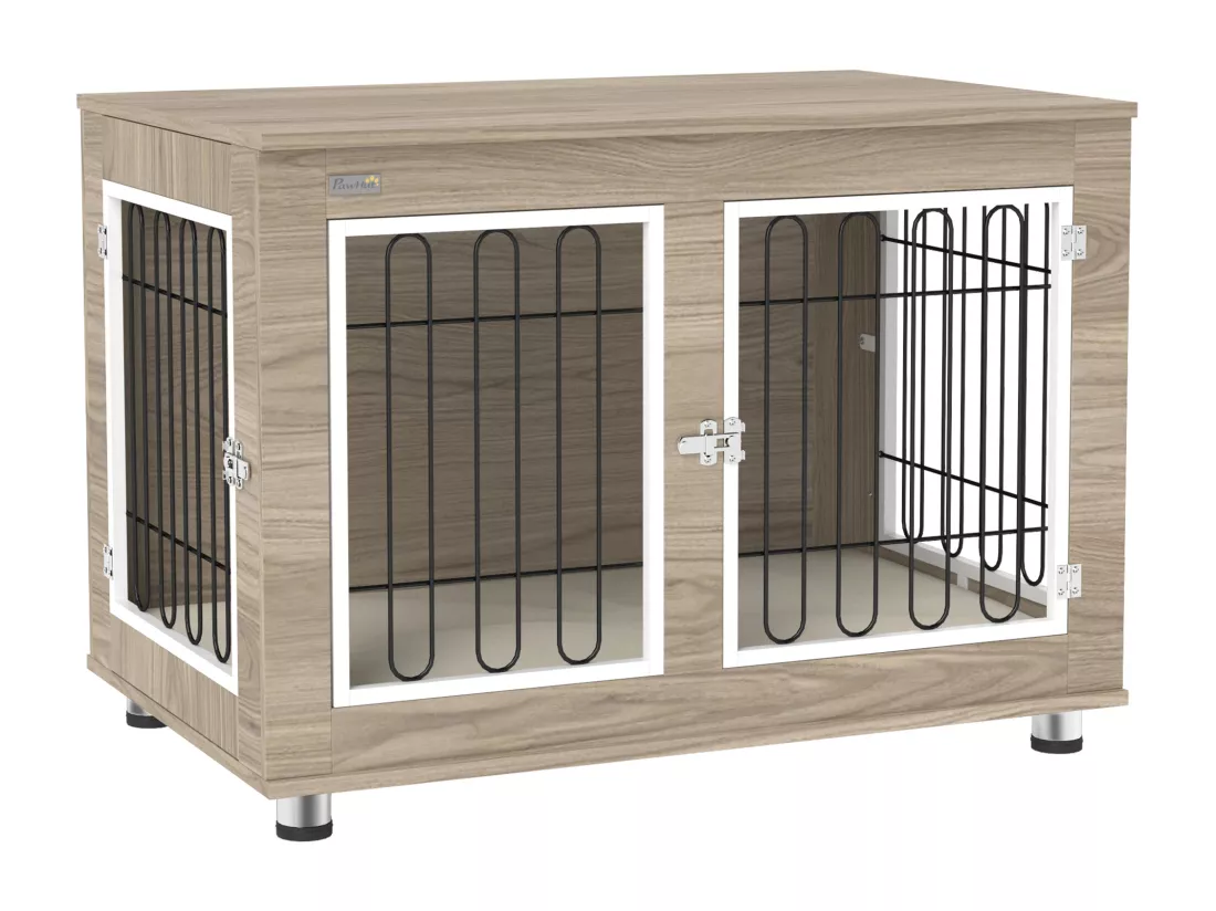 Cage pour chien sur pied - 2 portes verrouillables, coussin déhoussable inclus - acier filaire noir panneaux aspect bois brun