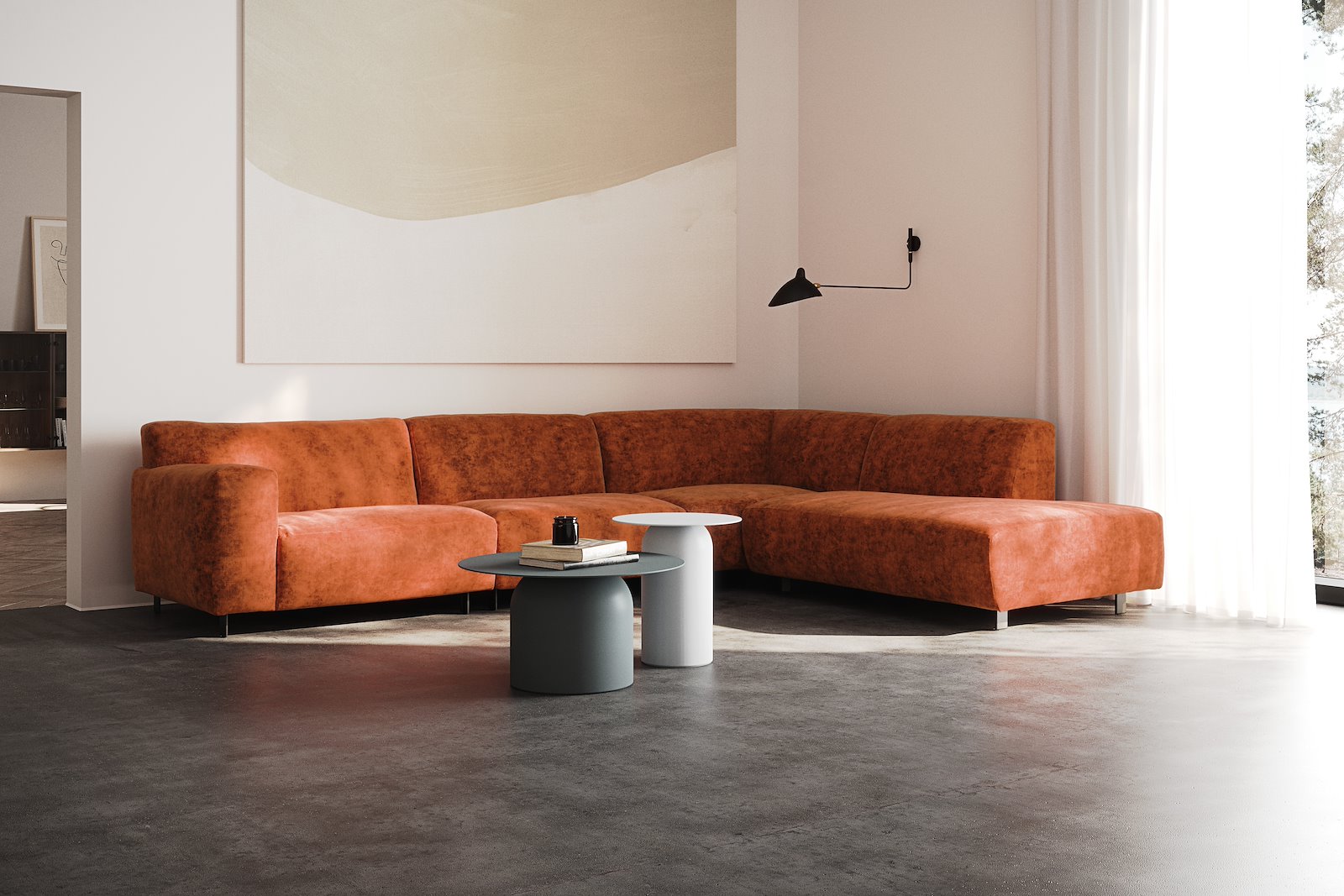 Vesta hjørnesofa 3-seter med åpen ende høyre, Big hjørnemodul, Tekstil Eros Bronze, standardsøm, sort metallben 10 cm, Comfort CM