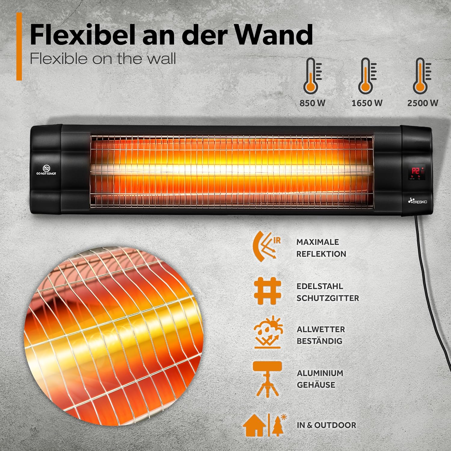TRESKO Infrarot Heizstrahler 2500W mit Fernbedienung | Wärmestrahler elektrisch mit 3 Heizstufen | Terrassenstrahler Innen & Außen | Infrarotstrahler höhenverstellbar