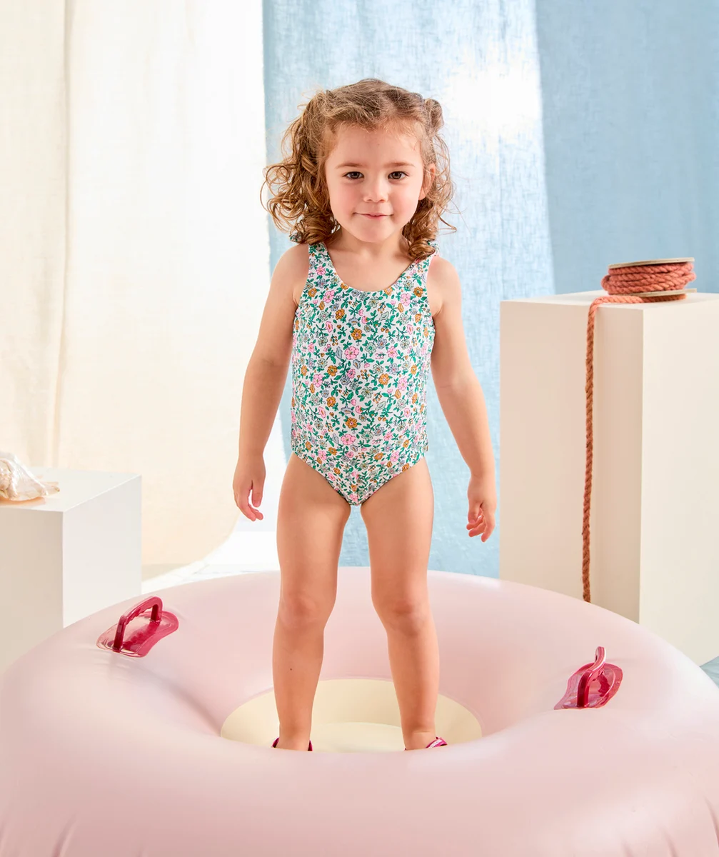 maillot de bain réversible bébé fille en fibres recyclées avec imprimés