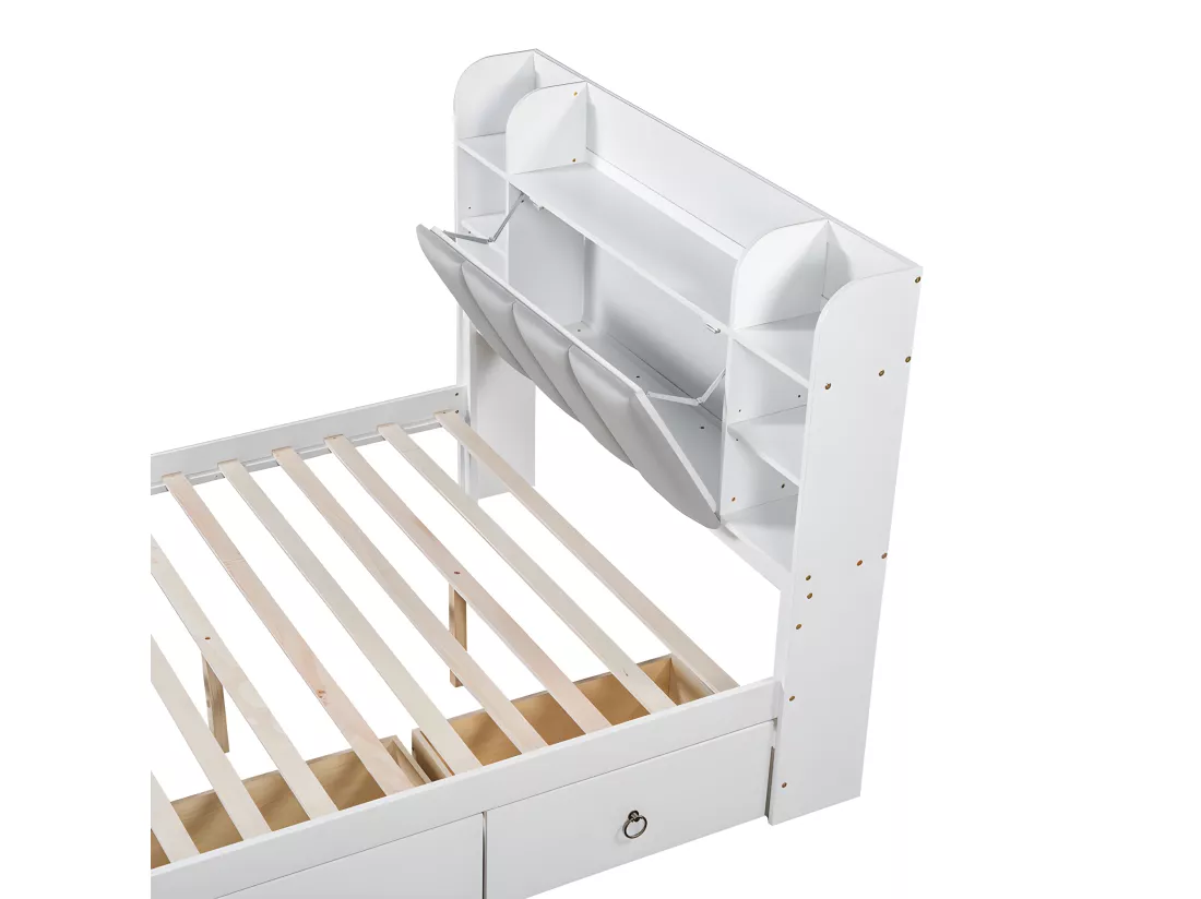 Lit double 140x200cm - en bois de pin et MDF - tête de rangement avec étagères ouvertes et 3 tiroirs - Blanc