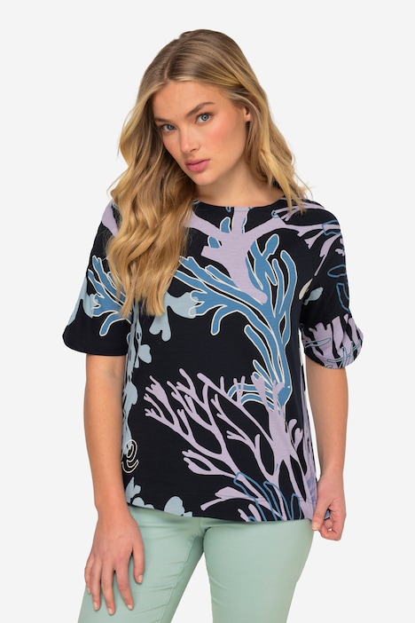 T-Shirt, Korallen-Print, Rundhals, Halbarm mit Raffung