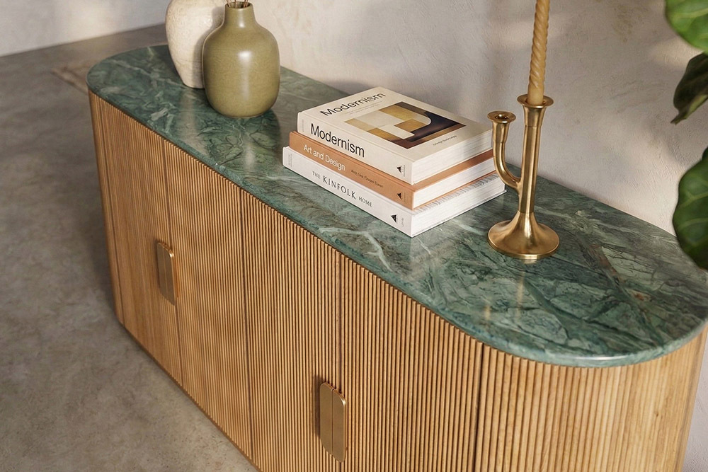 Design Sideboard VENEZIANO 170cm braun Mangoholz grün Marmor gold