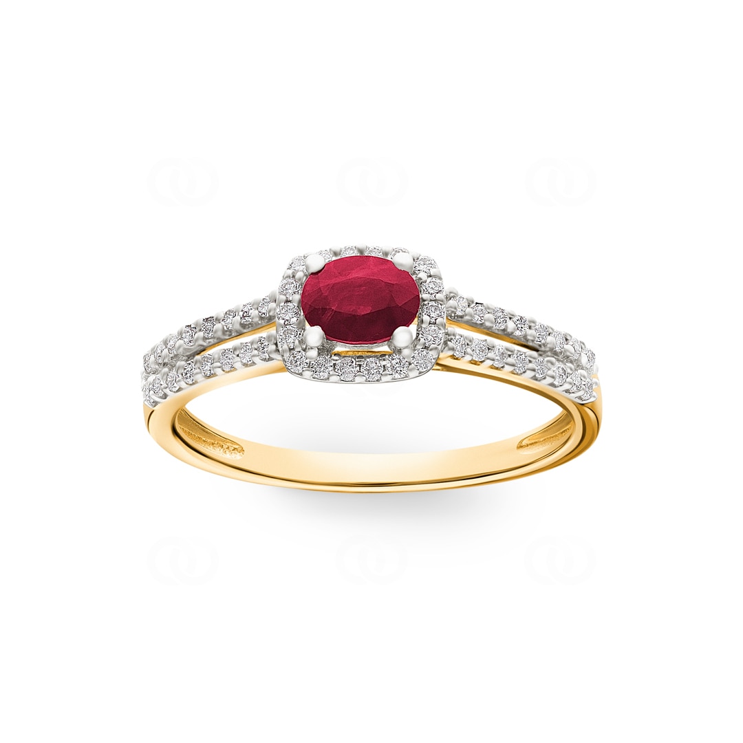 Damenring 750/18 K Gelbgold mit Rubin oval und Diamanten 0.20 ct H/si