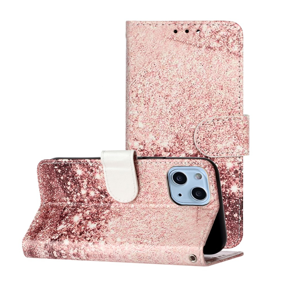 iPhone 13 Leder Tasche Flip Cover Glitzer Optik - Roségold