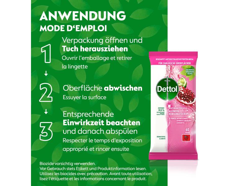 Dettol Allzweck-Reinigungstücher Granatapfel & Limette 60 S Antibakterieller Oberflächenreiniger mit fruchtigem Duft