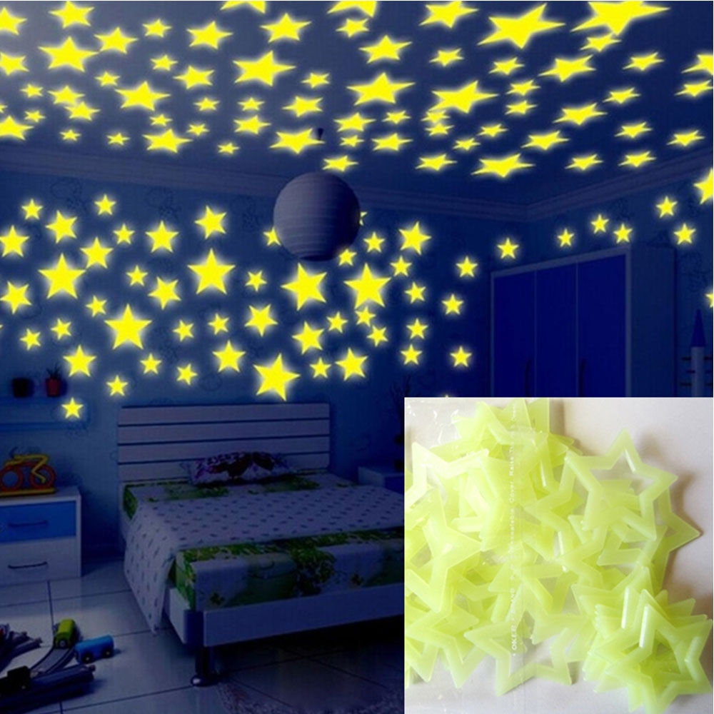 (100er Set) Leuchtende Wandsticker Fluoreszierende Sterne Glow in the Dark Sternenhimmel Wand Deko für Kinderzimmer - Gelb