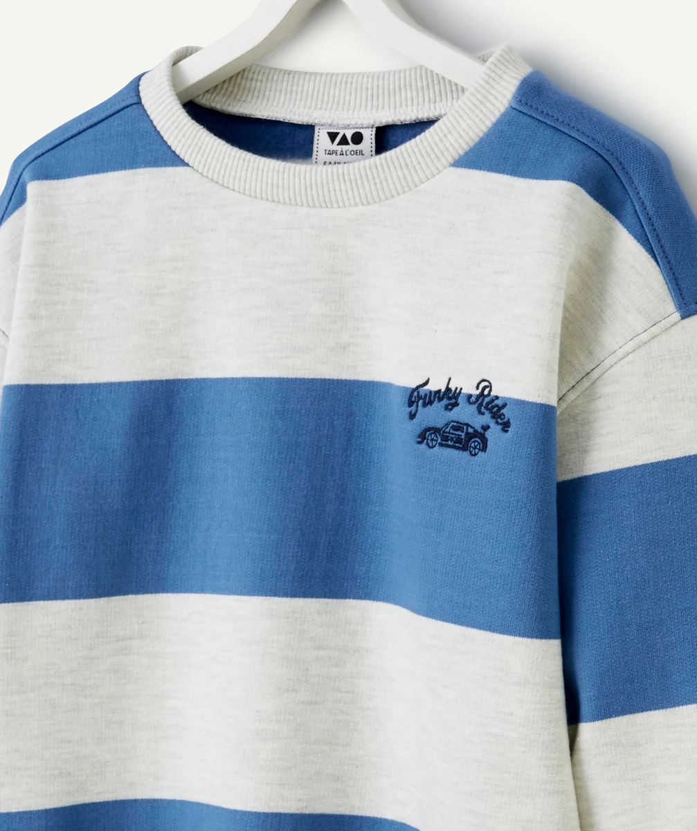 SWEAT GARÇON EN FIBRES RECYCLÉES AVEC RAYURES ET MESSAGE BRODÉ