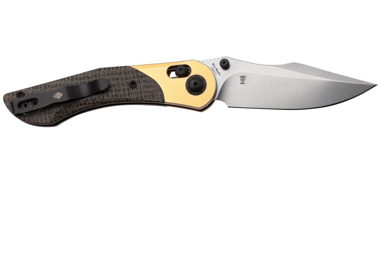 Kizer Vanguard Mini Mystic V3636A2 Satin Nitro-V, Burlap Micarta Aluminium Bolster, zakmes, Paul Munko design