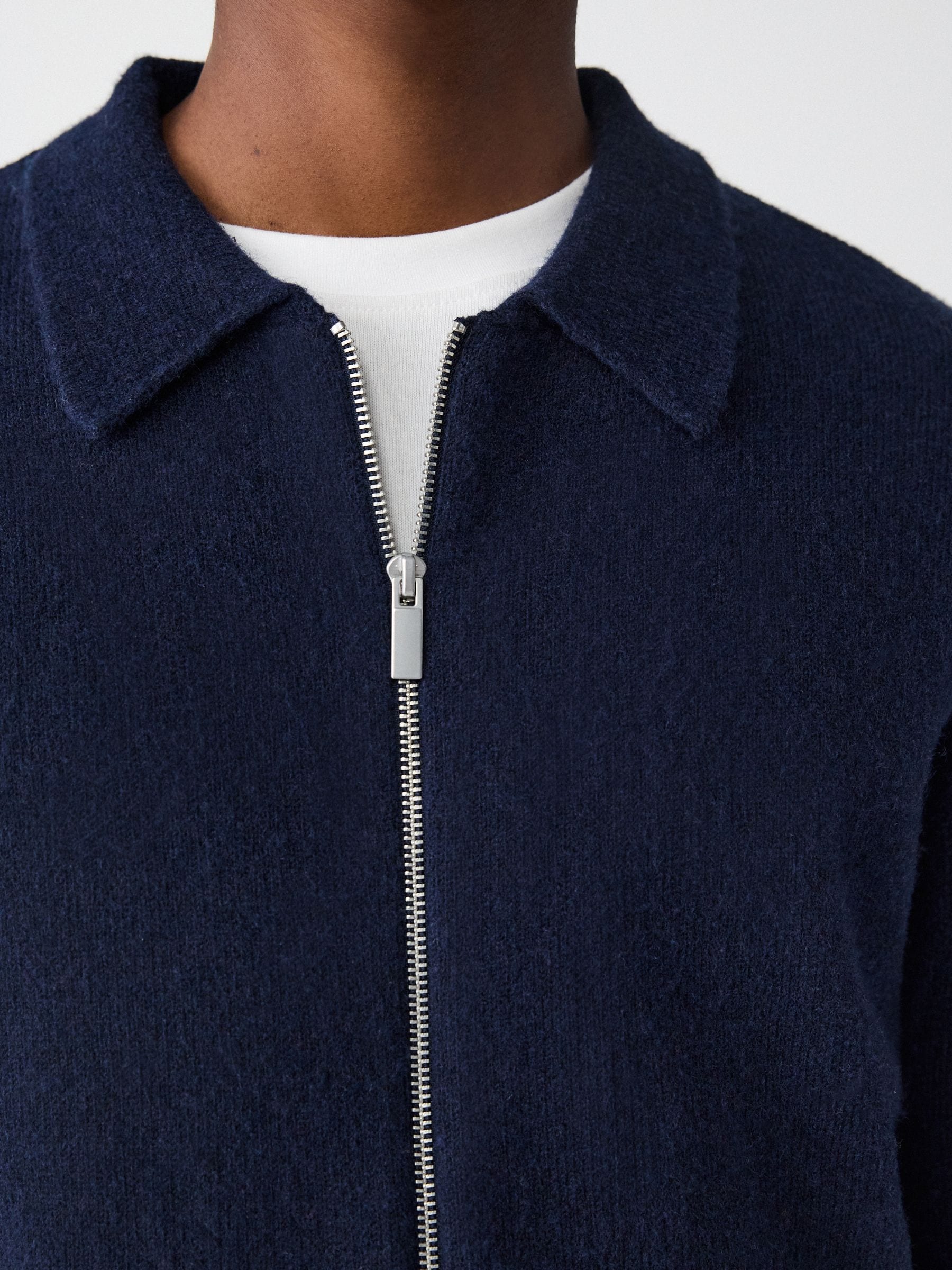Donkerblauw - Relaxed Fit Cosy Zip Through Collared Cardigan with Wool