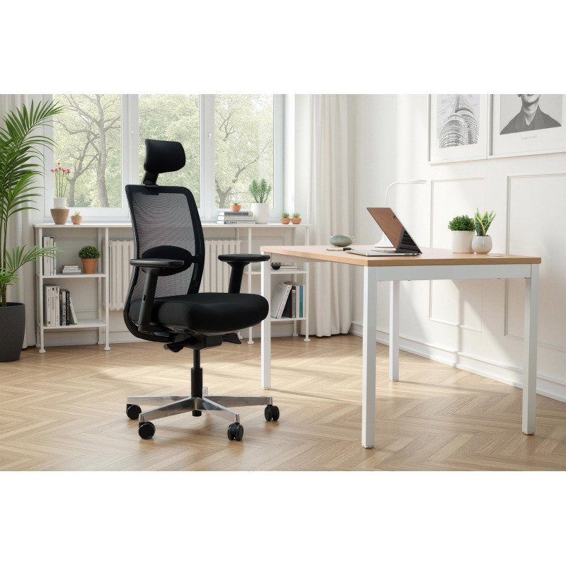 Chaise de bureau ERGO MOOV' Premium - tissu et maille - pied alu - soutien lombaire - appui tête - accoudoirs - mécanisme synchrone - assise réglable en profondeur