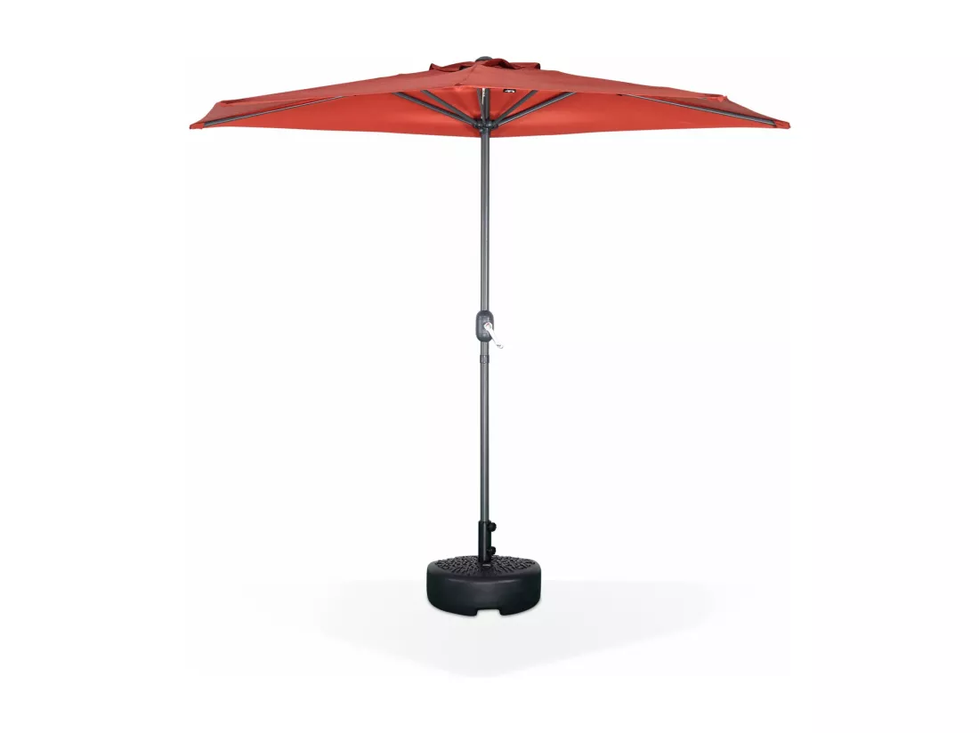 Parasol de balcon Ø250cm – CALVI – Demi-parasol droit. mât central en aluminium avec manivelle d’ouverture. toile terracotta