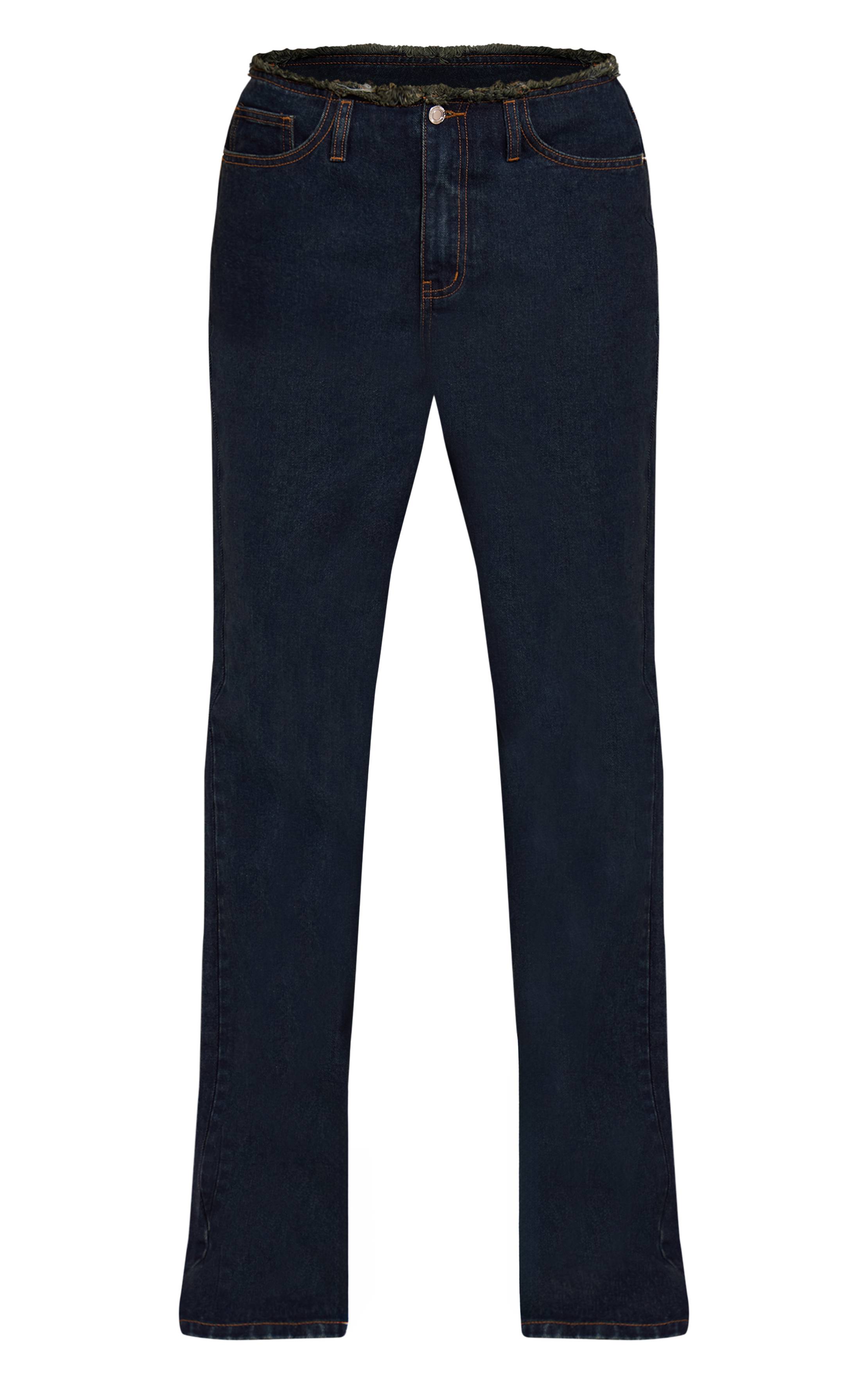 Bleu Indigo Jean Taille Haute Droit Taille Bord Effiloché Coupe Basse