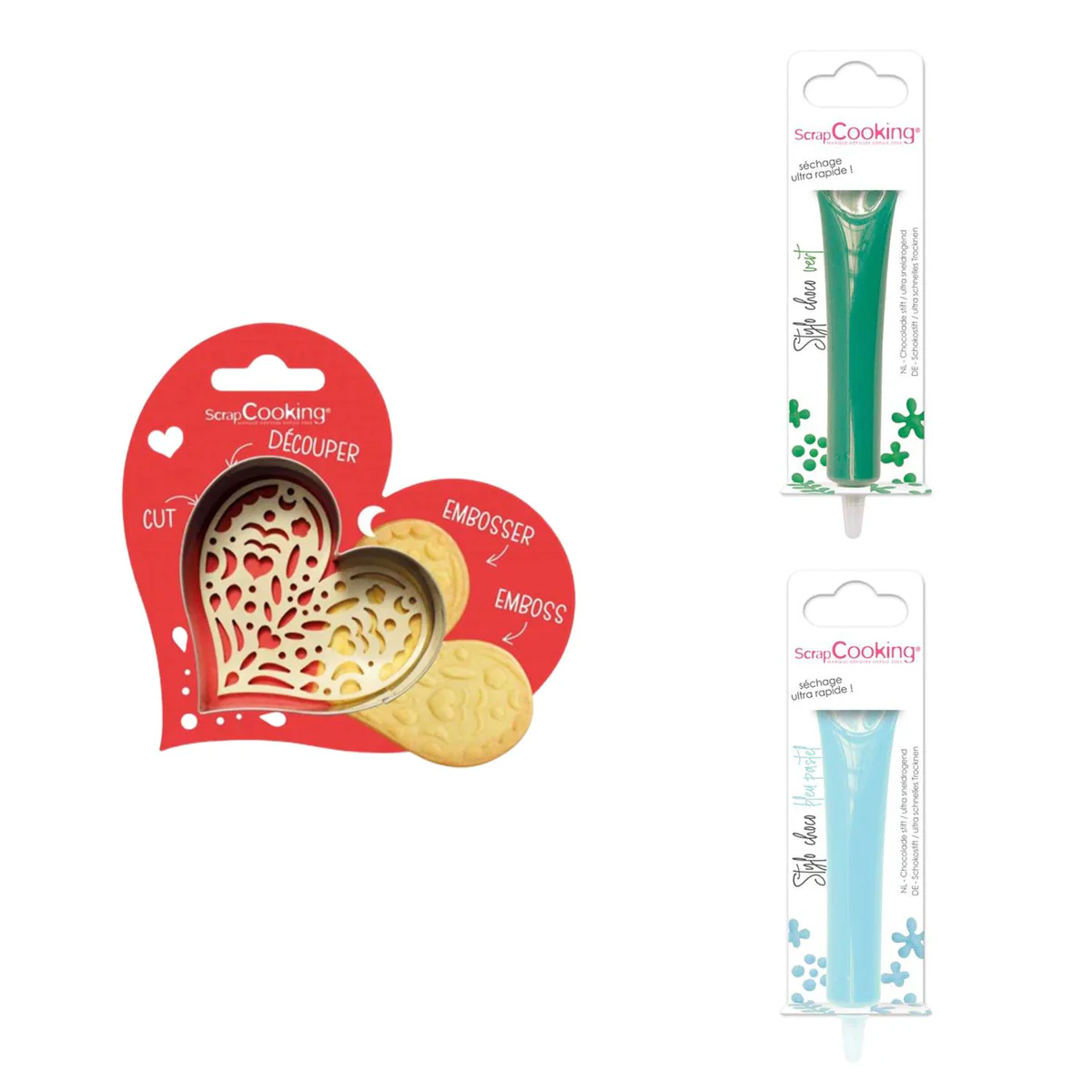 Kit pour biscuit en relief Coeur + 2 Stylos au chocolat vert et bleu p