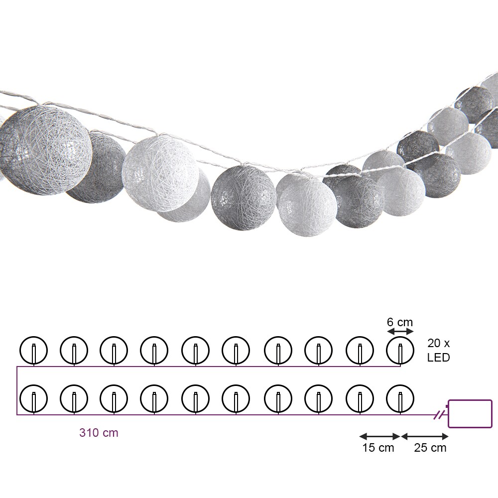 VICCO Lichterkette Cotton Balls Girlande weiß und grau 310 cm