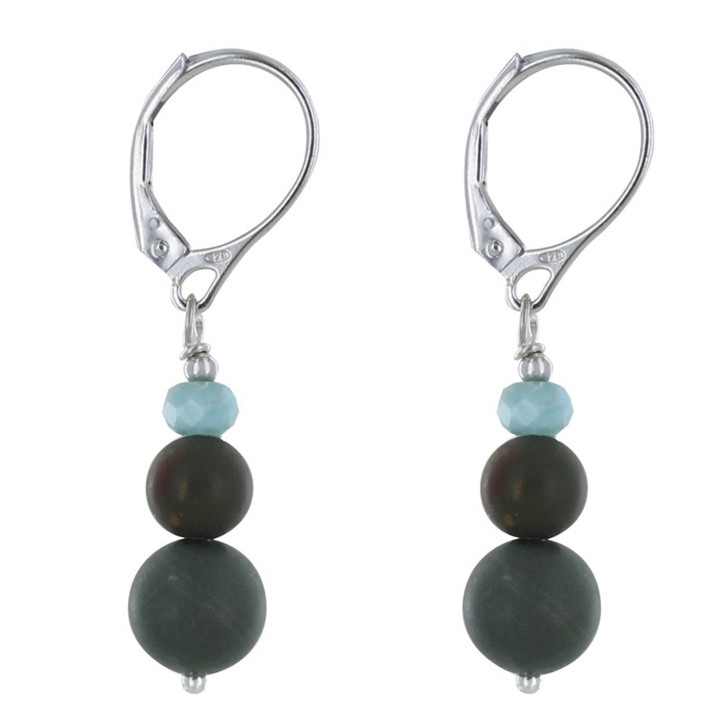 Boucles d'Oreilles Argent Rhodié Dormeuse Anneau Facetté de Larimar et Deux Perles de Jaspe Vert et Marron