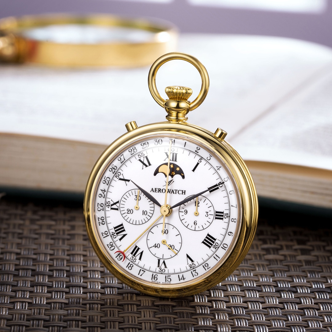 Aerowatch Taschenuhr Lépine Mechanical Chrono Moon Phase Roman